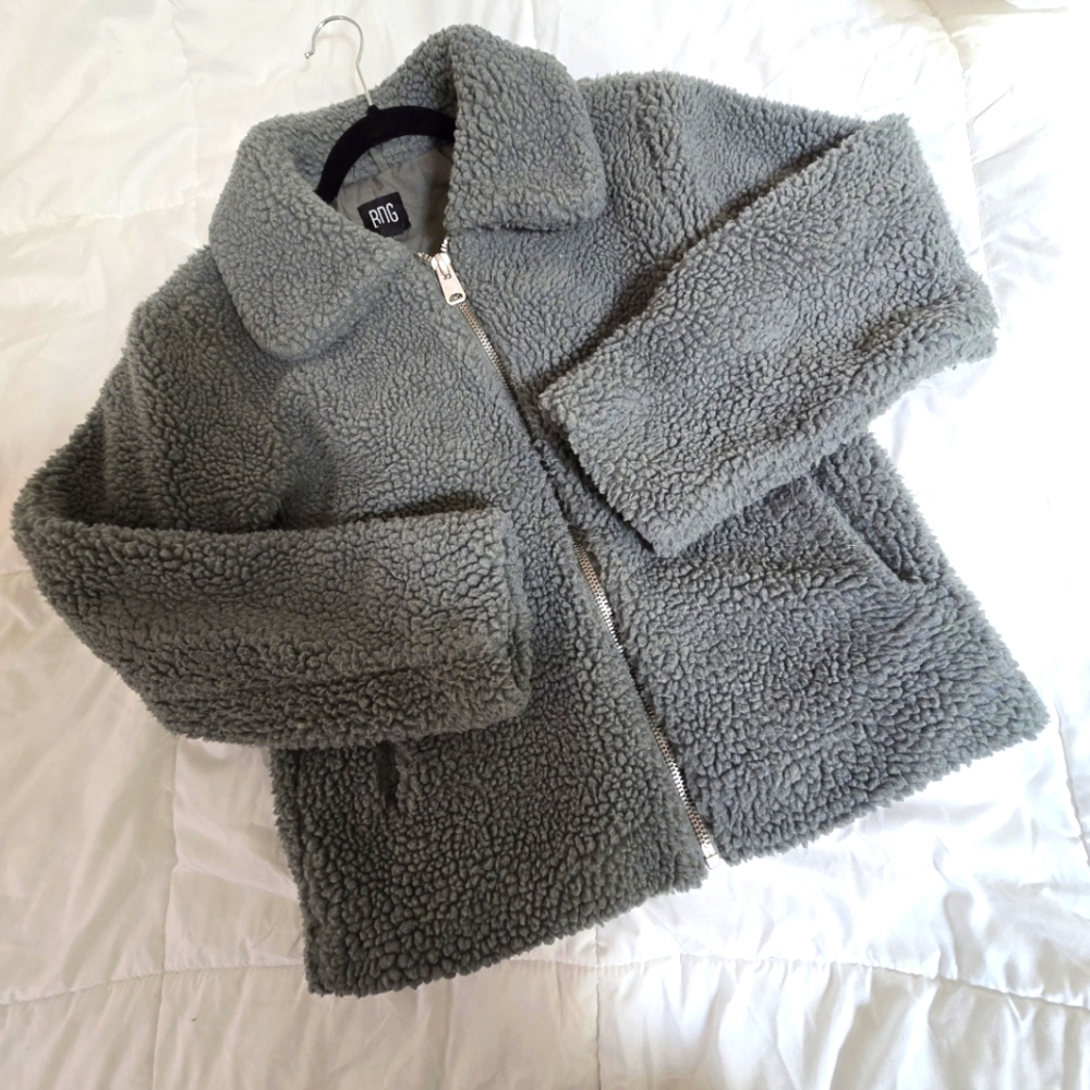 BDG Sage Gray Green Sherpa Teddy  Jacket Jacket Size S-P - Picture 5 of 13